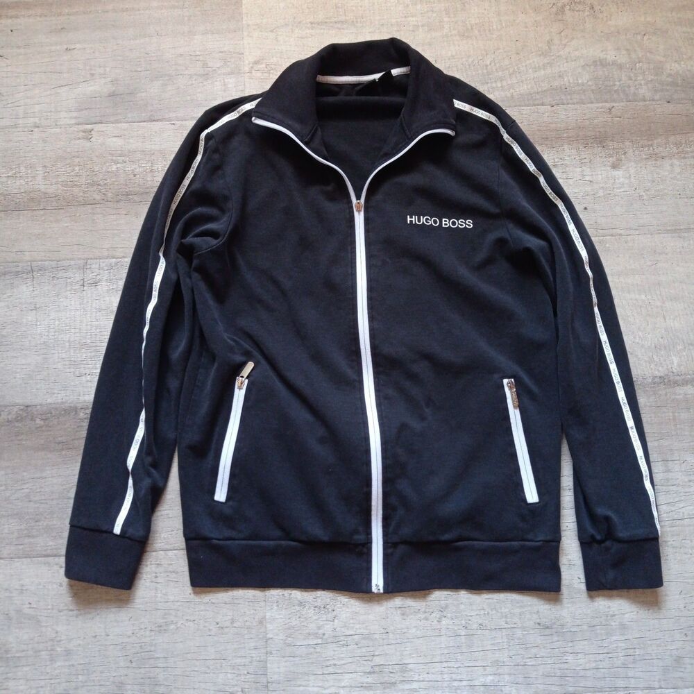 BOSS by Hugo Boss Men's Black Track Jacket Logo Tape Zip Up XL *Zipper Problem